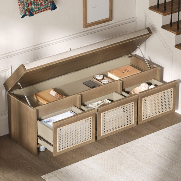 English Elm Trexm Retro Entryway Bench with Rattan Drawers Lift Top and Tufted Seat Natural N715P474886D
