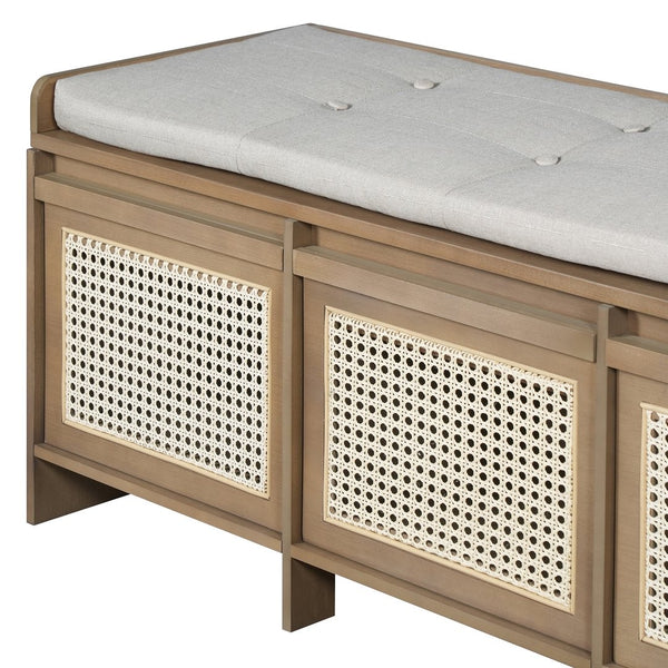 English Elm Trexm Retro Entryway Bench with Rattan Drawers Lift Top and Tufted Seat Natural N715P474886D