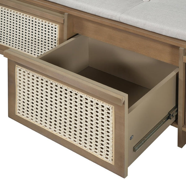 English Elm Trexm Retro Entryway Bench with Rattan Drawers Lift Top and Tufted Seat Natural N715P474886D
