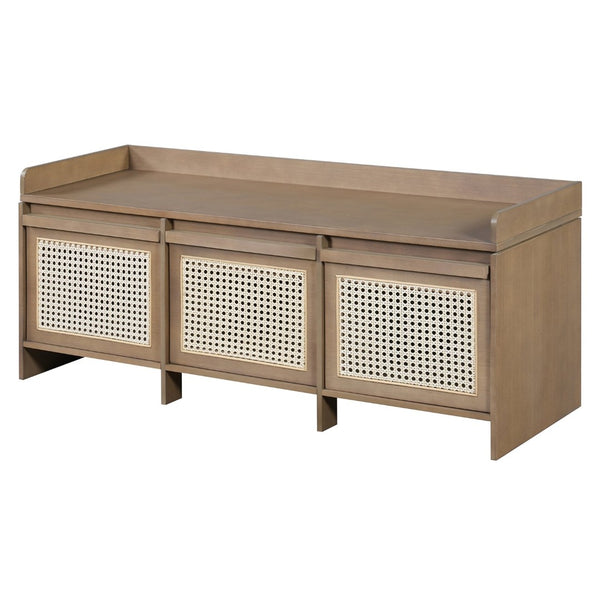 English Elm Trexm Retro Entryway Bench with Rattan Drawers Lift Top and Tufted Seat Natural N715P474886D