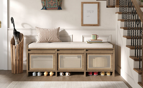 English Elm Trexm Retro Entryway Bench with Rattan Drawers Lift Top and Tufted Seat Natural N715P474886D