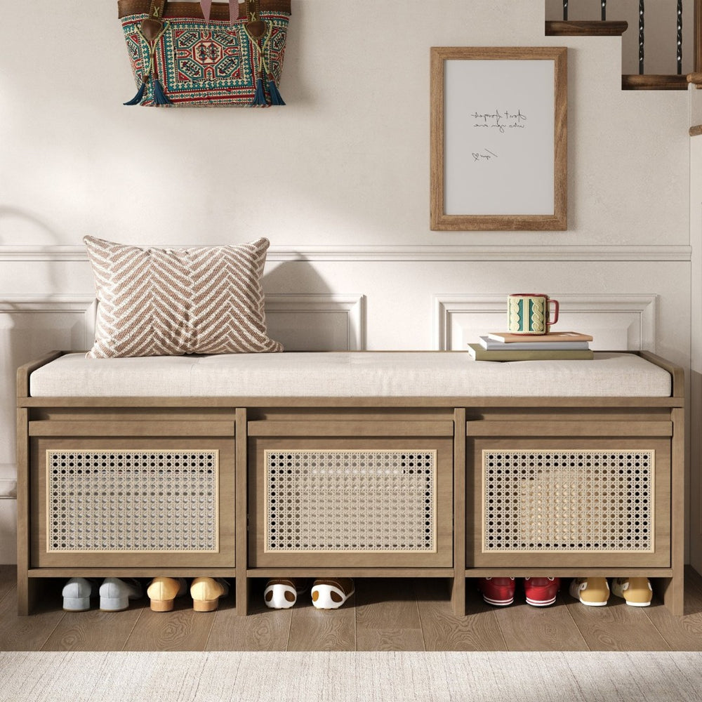 English Elm Trexm Retro Entryway Bench with Rattan Drawers Lift Top and Tufted Seat Natural N715P474886D