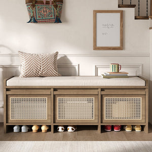 English Elm Trexm Retro Entryway Bench with Rattan Drawers Lift Top and Tufted Seat Natural N715P474886D
