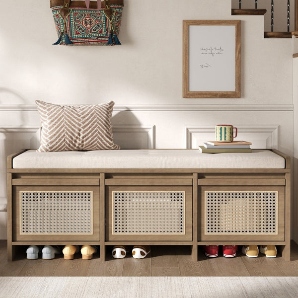 English Elm Trexm Retro Entryway Bench with Rattan Drawers Lift Top and Tufted Seat Natural N715P474886D
