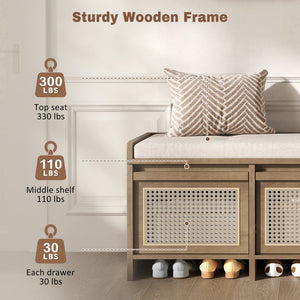 English Elm Trexm Retro Entryway Bench with Rattan Drawers Lift Top and Tufted Seat Natural N715P474886D