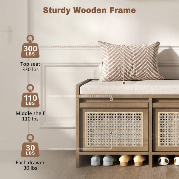 English Elm Trexm Retro Entryway Bench with Rattan Drawers Lift Top and Tufted Seat Natural N715P474886D