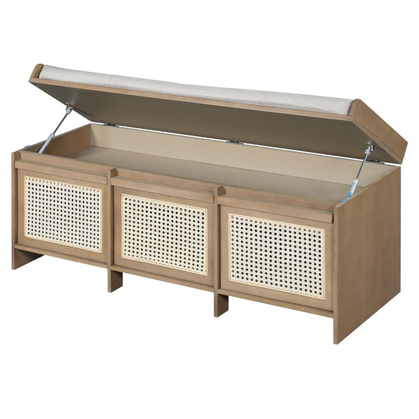 English Elm Trexm Retro Entryway Bench with Rattan Drawers Lift Top and Tufted Seat Natural N715P474886D