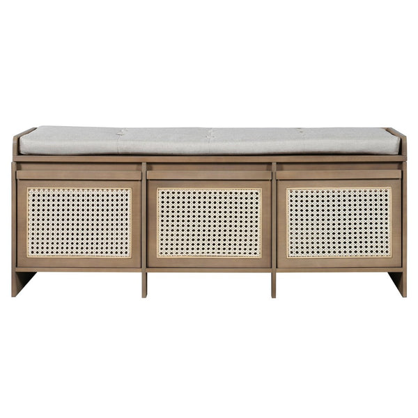 English Elm Trexm Retro Entryway Bench with Rattan Drawers Lift Top and Tufted Seat Natural N715P474886D