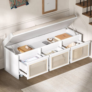 English Elm Trexm Retro Entryway Bench with Rattan Drawers Lift Top and Tufted Seat White N715P474886K