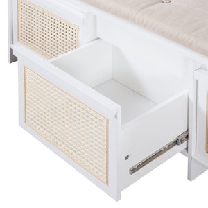 English Elm Trexm Retro Entryway Bench with Rattan Drawers Lift Top and Tufted Seat White N715P474886K