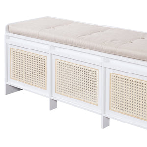 English Elm Trexm Retro Entryway Bench with Rattan Drawers Lift Top and Tufted Seat White N715P474886K
