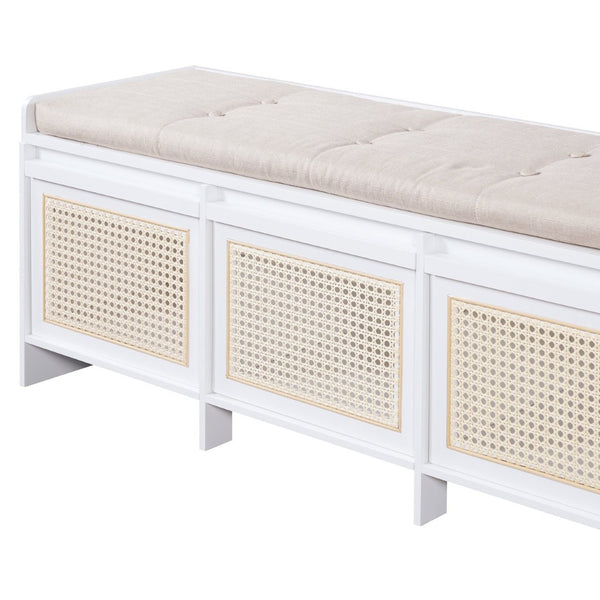 English Elm Trexm Retro Entryway Bench with Rattan Drawers Lift Top and Tufted Seat White N715P474886K