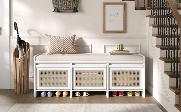 English Elm Trexm Retro Entryway Bench with Rattan Drawers Lift Top and Tufted Seat White N715P474886K