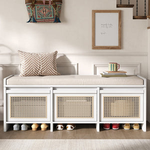 English Elm Trexm Retro Entryway Bench with Rattan Drawers Lift Top and Tufted Seat White N715P474886K