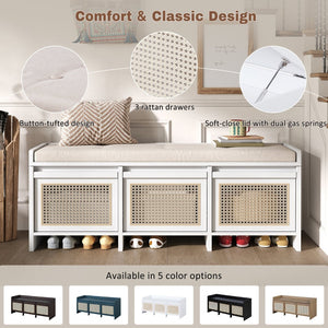 English Elm Trexm Retro Entryway Bench with Rattan Drawers Lift Top and Tufted Seat White N715P474886K