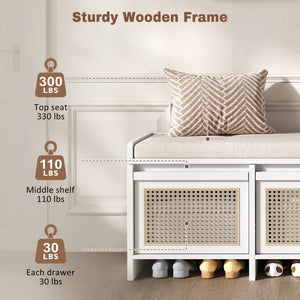 English Elm Trexm Retro Entryway Bench with Rattan Drawers Lift Top and Tufted Seat White N715P474886K