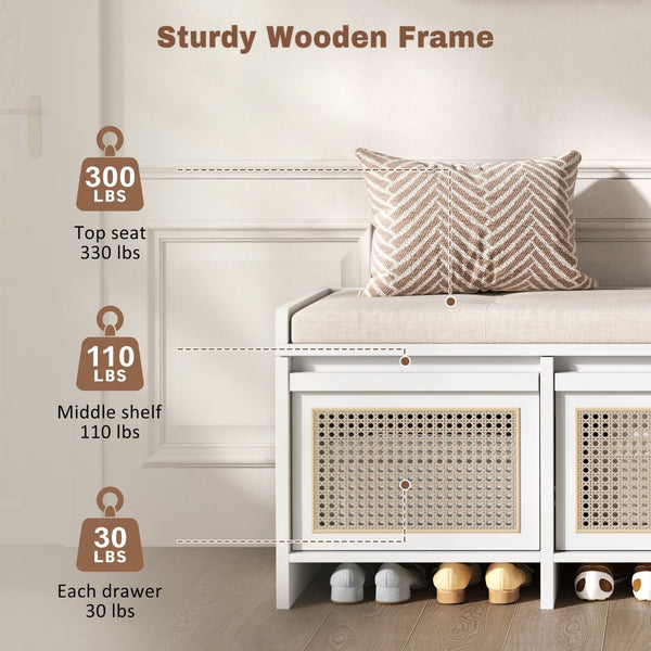 English Elm Trexm Retro Entryway Bench with Rattan Drawers Lift Top and Tufted Seat White N715P474886K