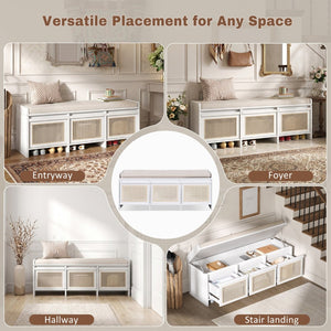 English Elm Trexm Retro Entryway Bench with Rattan Drawers Lift Top and Tufted Seat White N715P474886K