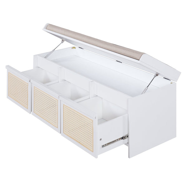 English Elm Trexm Retro Entryway Bench with Rattan Drawers Lift Top and Tufted Seat White N715P474886K