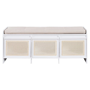 English Elm Trexm Retro Entryway Bench with Rattan Drawers Lift Top and Tufted Seat White N715P474886K