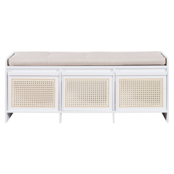 English Elm Trexm Retro Entryway Bench with Rattan Drawers Lift Top and Tufted Seat White N715P474886K