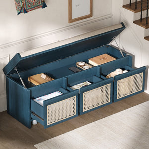 English Elm Trexm Retro Entryway Bench with Rattan Drawers Lift Top and Tufted Seat Antique Navy N715P474886M
