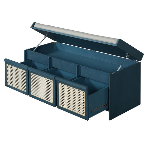 English Elm Trexm Retro Entryway Bench with Rattan Drawers Lift Top and Tufted Seat Antique Navy N715P474886M