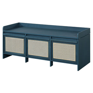 English Elm Trexm Retro Entryway Bench with Rattan Drawers Lift Top and Tufted Seat Antique Navy N715P474886M