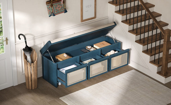 English Elm Trexm Retro Entryway Bench with Rattan Drawers Lift Top and Tufted Seat Antique Navy N715P474886M