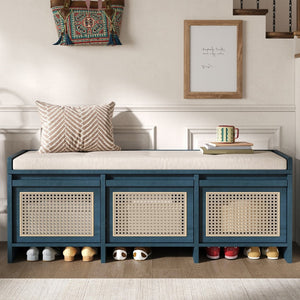 English Elm Trexm Retro Entryway Bench with Rattan Drawers Lift Top and Tufted Seat Antique Navy N715P474886M