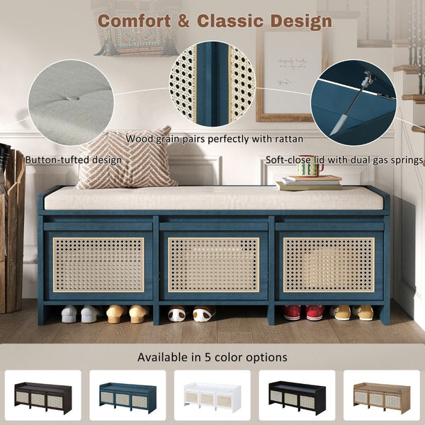 English Elm Trexm Retro Entryway Bench with Rattan Drawers Lift Top and Tufted Seat Antique Navy N715P474886M