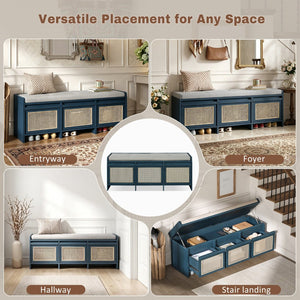 English Elm Trexm Retro Entryway Bench with Rattan Drawers Lift Top and Tufted Seat Antique Navy N715P474886M