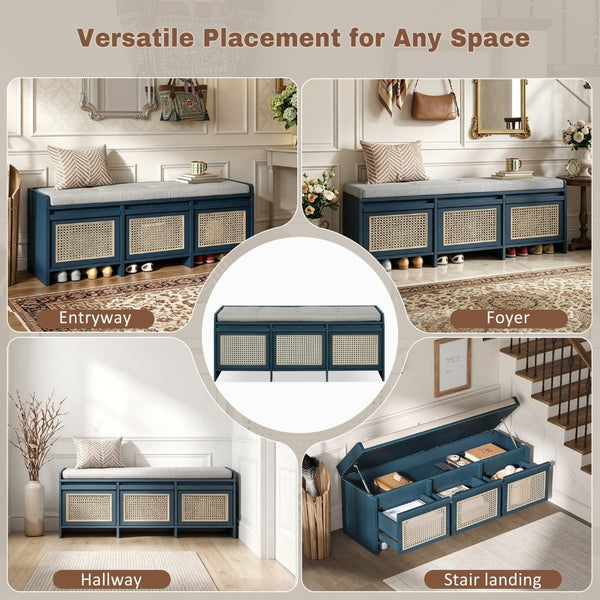 English Elm Trexm Retro Entryway Bench with Rattan Drawers Lift Top and Tufted Seat Antique Navy N715P474886M