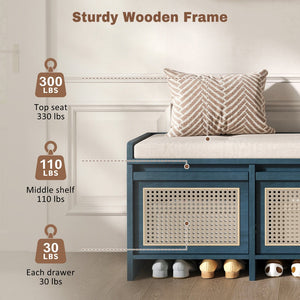 English Elm Trexm Retro Entryway Bench with Rattan Drawers Lift Top and Tufted Seat Antique Navy N715P474886M