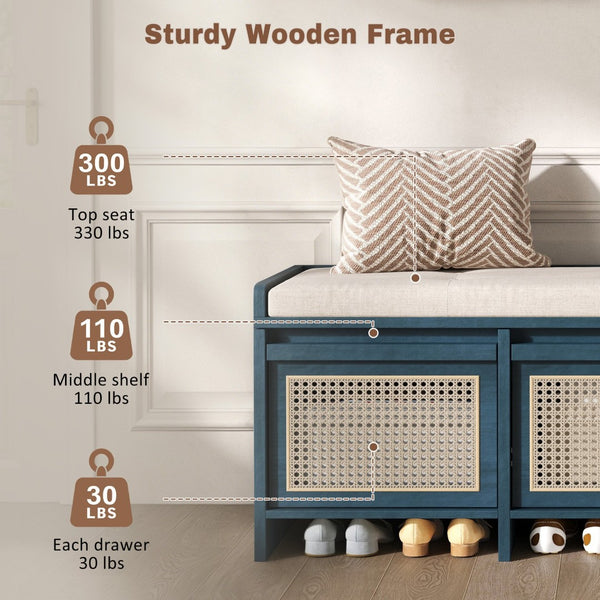 English Elm Trexm Retro Entryway Bench with Rattan Drawers Lift Top and Tufted Seat Antique Navy N715P474886M