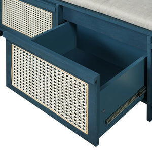 English Elm Trexm Retro Entryway Bench with Rattan Drawers Lift Top and Tufted Seat Antique Navy N715P474886M