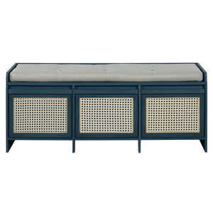 English Elm Trexm Retro Entryway Bench with Rattan Drawers Lift Top and Tufted Seat Antique Navy N715P474886M