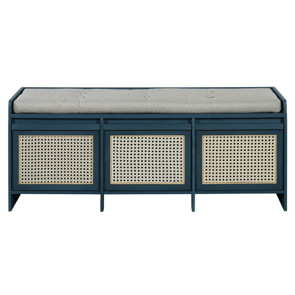 English Elm Trexm Retro Entryway Bench with Rattan Drawers Lift Top and Tufted Seat Antique Navy N715P474886M