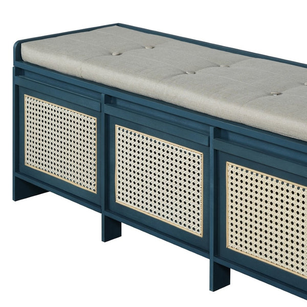 English Elm Trexm Retro Entryway Bench with Rattan Drawers Lift Top and Tufted Seat Antique Navy N715P474886M