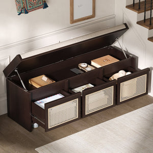 English Elm Trexm Retro Entryway Bench with Rattan Drawers Lift Top and Tufted Seat Espresso N715P474886P