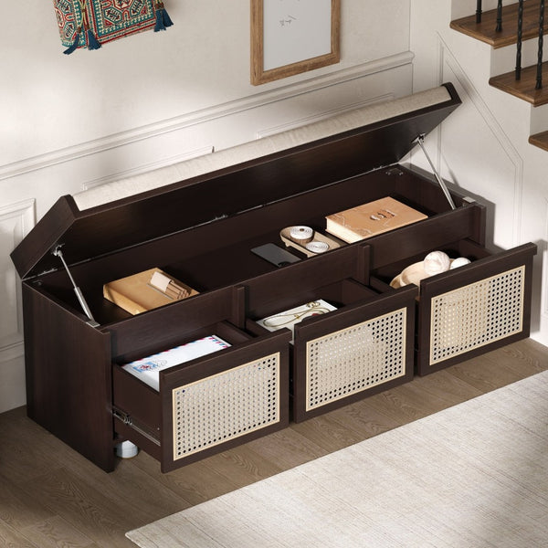 English Elm Trexm Retro Entryway Bench with Rattan Drawers Lift Top and Tufted Seat Espresso N715P474886P