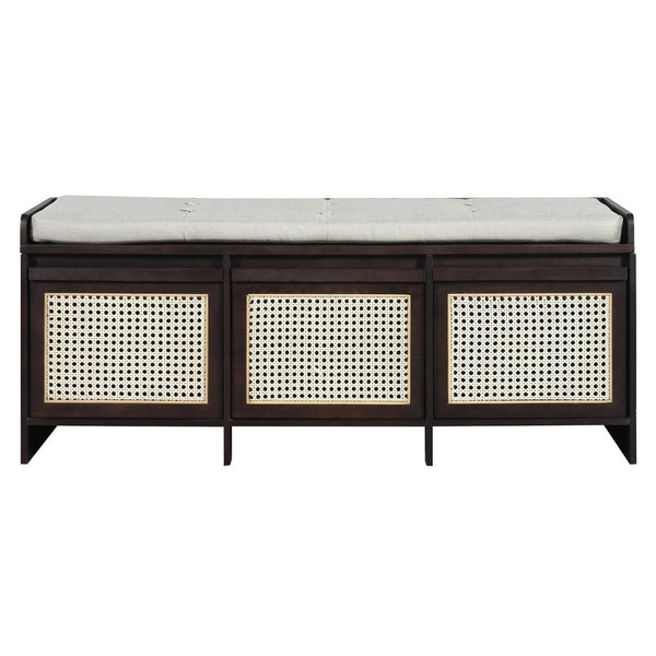 English Elm Trexm Retro Entryway Bench with Rattan Drawers Lift Top and Tufted Seat Espresso N715P474886P