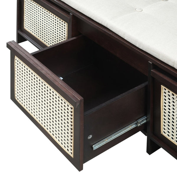 English Elm Trexm Retro Entryway Bench with Rattan Drawers Lift Top and Tufted Seat Espresso N715P474886P