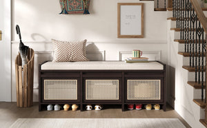 English Elm Trexm Retro Entryway Bench with Rattan Drawers Lift Top and Tufted Seat Espresso N715P474886P
