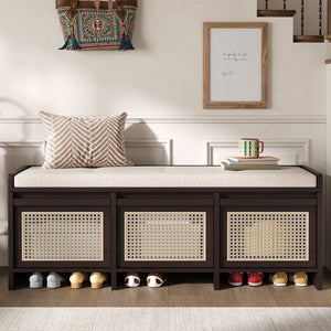 English Elm Trexm Retro Entryway Bench with Rattan Drawers Lift Top and Tufted Seat Espresso N715P474886P