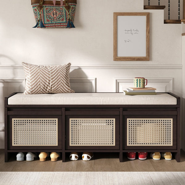 English Elm Trexm Retro Entryway Bench with Rattan Drawers Lift Top and Tufted Seat Espresso N715P474886P