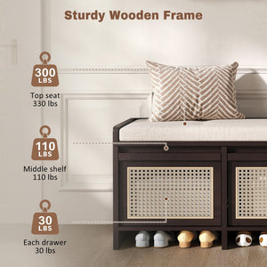 English Elm Trexm Retro Entryway Bench with Rattan Drawers Lift Top and Tufted Seat Espresso N715P474886P