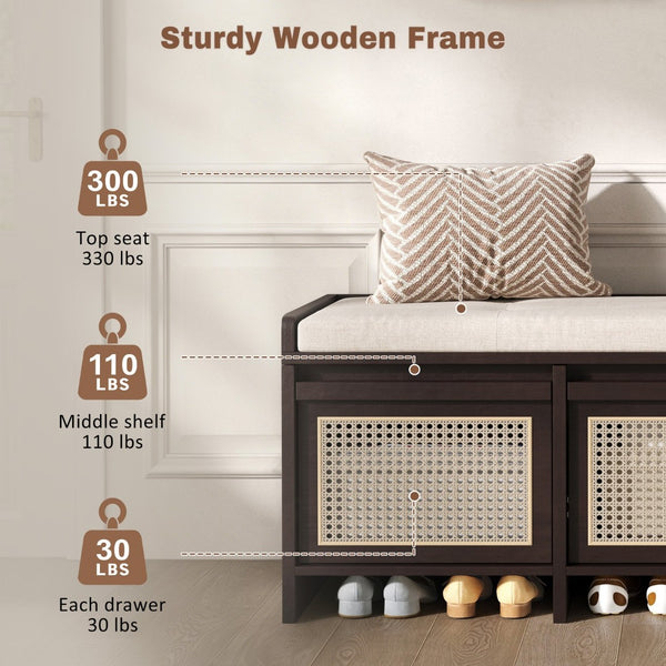 English Elm Trexm Retro Entryway Bench with Rattan Drawers Lift Top and Tufted Seat Espresso N715P474886P