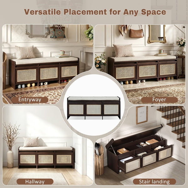 English Elm Trexm Retro Entryway Bench with Rattan Drawers Lift Top and Tufted Seat Espresso N715P474886P