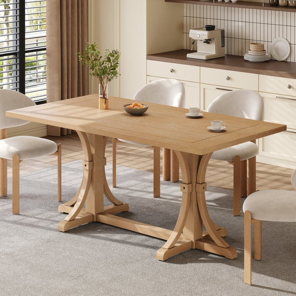 English Elm Trexm Farmhouse Dining Table Seats Six with Trestle Base and Oak Veneer Finish Natural Wood Wash N715P475469D